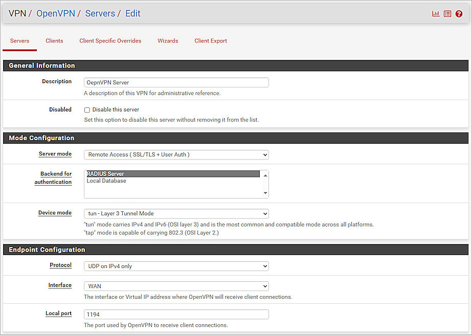 Screenshot of pfSense, OpenVPN 1